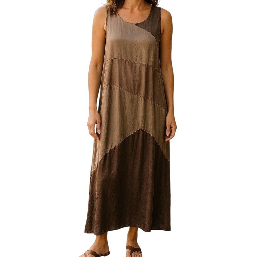 European Culture Maxi‎ Dress XS Brown Velvet Colorblock Sleeveless Side Slit